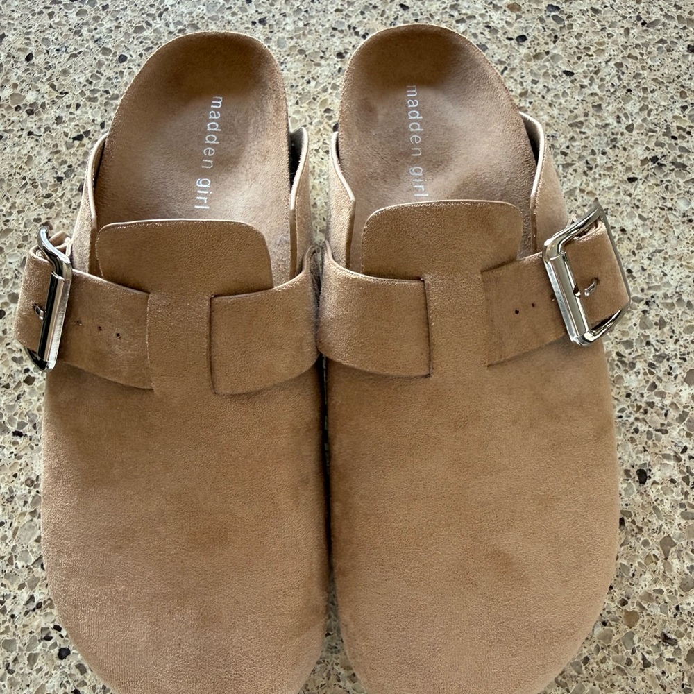 Madden Girl Taupe Suede Platform Slide with Silver Buckle - Picture 4 of 5